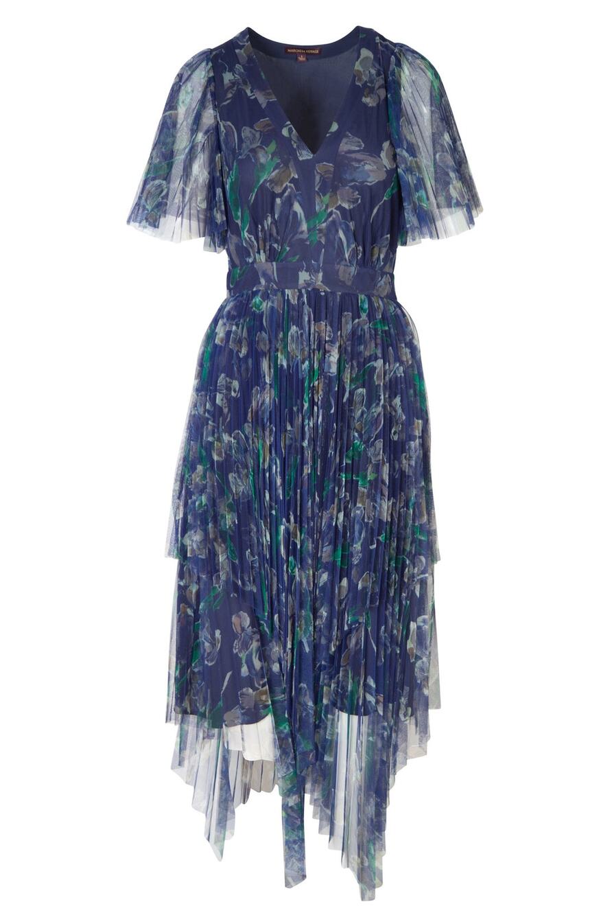 Marchesa Voyage Iris Blue Sheer Pleated Floral Print V-Neck Midi Dress 2